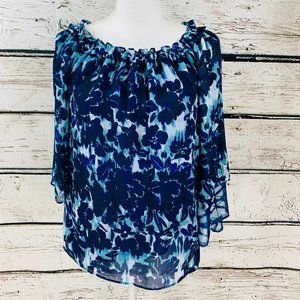INC Women's Top Blue Floral Sheer Medium